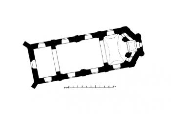 půdorys kostela (© Josef Soukup: Soupis památek historických a uměleckých v Království Českém, sv. 18 Politický okres Pelhřimovský, Archaelogická komise při České akademii císaře Františka Josefa pro vědy, slovesnost a umění, Praha 1903)