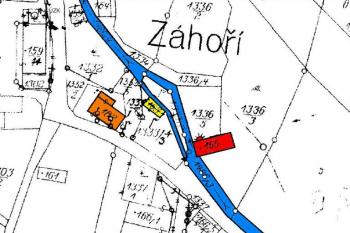 Zakreslení situace mlýna č.p. 34 (červeně) a pily (žlutě) z roubenkou čp. 33 (oranžově) na mapě Pozemkového katastru z pol. 20. století (© Jan P. Štěpánek s využitím ČUZK)