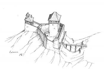 Rekonstrukce možné podoby hradu Čalonice na přelomu 14. a 15. století ( © Jan P. Štěpánek 2007)