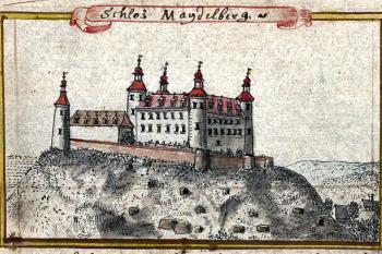 zámek v polovině 18. století (© F. B. Werner: Silesia in Compendio seu Topographia das ist Praesentatio und Beschreibung des Herzogthums Schlesiens, Pars I, Biblioteka Uniwersytecka we Wrocławiu (Oddział Rękopisów))
