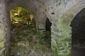 Přízemí donjonu, příčka spočívající na pilířích. (© Pavel Semple, 07/2017)