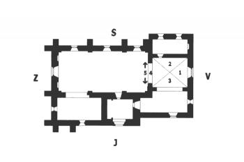 půdorys kostela (© kol.: Symbolika a ikonografia v stredovekej nástennej maľbe Liptova, Inertial Technologies, 2013)