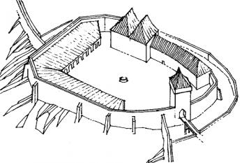 rekonstrukce podoby hradu na konci 13. století ( © P. Šimeček podle M. Plačka (in Libor Jan: Václav II. a struktury panovnické moci, Matice moravská v Brně, Brno 2006))