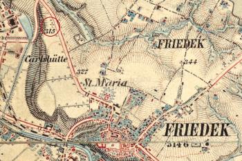Vyznačení kříže (v kroužku) na mapě 3. vojenského mapování ze 70. let 19. století ( © ČÚZK Praha)