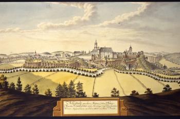 Město a zámek na obraze I.A.Venuta z roku 1800 (© Ing. Karel Kubín, 09/2017)