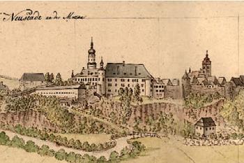 město a zámek na akvarelu Johanna Venuta, 1800 ( © M. Mžyková: Dílo moravského vedutisty Johanna Venuta z auersperských sbírek, Zprávy památkové péče 66/4, Národní památkový ústav, Praha 2006)