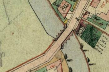 Most císařské silnice v Olšanech u Prostějova na Indikační skice z let 1824–1836 (© zdroj: https://archivnimapy.cuzk.cz/uazk/pohledy/archiv.html)