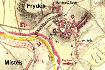 Vyznačení staré vrchnostenské papírny ve Frýdku na mapě 1. vojenského mapování ze 60. let 18. století ( © ČÚZK)