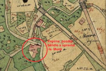 Vyznačení staré vodní papírny na Indikační skice k mapě stabilního katastru, po r. 1833 ( © ČÚZK)