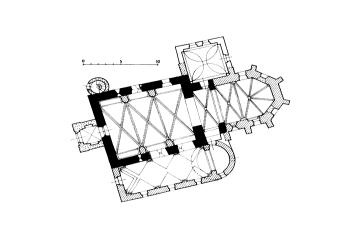 půdorys kostela (© B. Samek: Umělecké památky Moravy a Slezska, část 2. [J/N], Academia, Praha 1999)