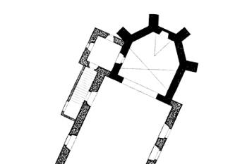 půdorys kostela (© Josef Soukup: Soupis památek historických a uměleckých v Království Českém, sv. 18 Politický okres Pelhřimovský, Archaelogická komise při České akademii císaře Františka Josefa pro vědy, slovesnost a umění, Praha 1903)