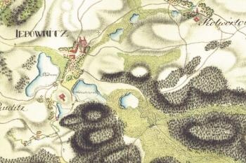 Pohled na soustavu rybníků u Jedovnice na mapě z let 1764-1783 (© Oldmaps.cz)