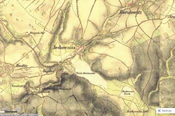 První znázornění rybníka Olšovce na mapě 2.voj.mapování z let 1836-1852 (© Oldmaps.cz)
