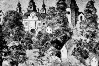 malba častrovského panského sídla zbořeného roku 1866 v dnes již zaniklém altánu ve farní zahradě (© Josef Soukup: Soupis památek historických a uměleckých v Království Českém, sv. 18 Politický okres Pelhřimovský, Archaelogická komise při České akademii císaře Františka Josefa pro vědy, slovesnost a umění, Praha 1903)