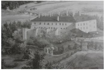 Vyobrazení zámku od jihovýchodu z počátku 19. století (©zdroj: M. Plaček, M. Bóna, Encyklopedie Slovenských Hradů, Libri, Praha, 2007)