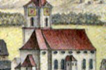 kostel od severovýchodu na výřezu z veduty Jana Antonína Venuta z r. 1798 (© Venuto, Jan Antonín a Veselý, Aleš: Jan Antonín Venuto a jeho dílo, Galerie výtvarného umění, Havlíčkův Brod 2018.)