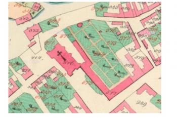 Areál kláštera s kostelem a se zahradou v r. 1827 (© https://archivnimapy.cuzk.cz)