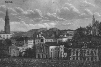 Synagoga z Lipinského kopce s městem Frýdek na horizontu. Kolem roku 1925 ( © SOkA Frýdek - Místek)