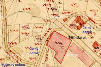 Katastrální mapa z roku 1873 s úpravami platnými do roku 1903 s vyznačenou budovou textilky Rechle ( © ČUZK)