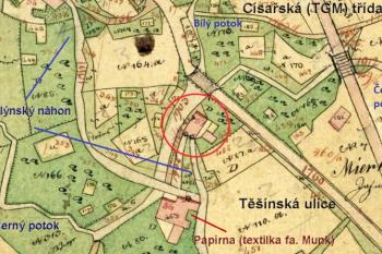 Indikančí skica k mapě stabilního katastru z roku 1833 s vyznačenou budovou vodního mlýna, později textilky Rechle. ( © ČUZK)