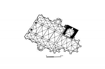 půdorys kostela se zvýrazněním městské věže ( © Zdeněk Fišera: Encyklopedie městských věží v Čechách, na Moravě a ve Slezsku, Libri, Praha 2006)