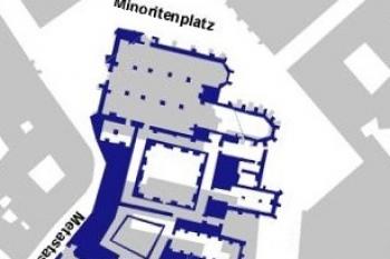 Areál kláštera (modře) na současné zástavbě. (© http://www.minoritenkirche-wien.info)