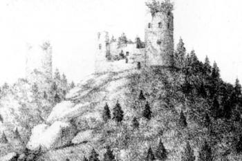 kresba Hasištejna z knihy básní B. Hasištejnského z Lobkovic vydané r. 1829 ( © Milan Augustin: In thermas Caroli IV. Několik poznámek... (in Historický sborník Karlovarska, SOkA Karlovy Vary, Karlovy Vary 2003))