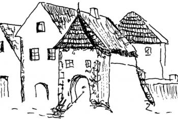 jádro tvrze od jihovýchodu na kresbě z obecní kroniky, kolem r. 1895 (© Jiří Úlovec: O tvrzi a zámku v Obděnicích u Vysokého Chlumce, Podbrdsko XVI/2009, Státní okresní archiv Příbram a Hornické muzeum Příbram, Příbram 2009)