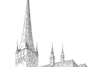 kostel od jihovýchodu na začátku 20. století (© Nottbeck, Eugen von; Neumann, Wilhelm: Geschichte und Kunstdenkmäler der Stadt Reval, Band 2: Die Kunstdenkmäler der Stadt, Franz Kluges Verlag, Reval 1904)