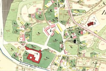 Centrum Slezské (Polské( Ostravy na mapě stabilního katastru z roku 1833. Bývalý kostel sv. Jiří označen šipkou (© ČÚZK)
