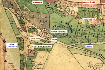 Zachycení situace tzv. Podzámecké obce na Indikační skice z roku 1833 (© ČÚZK)