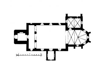 půdorys kostela (© Josef Braniš: Soupis památek historických a uměleckých v Království Českém, sv. 08 Politický okres česko-budějovický, Archaelogická komise při České akademii císaře Františka Josefa pro vědy, slovesnost a umění, Praha 1900)