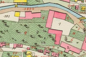 Areál dvora se zámkem, pivovarem a zahradou v 19. stol. (© https://archivnimapy.cuzk.cz)