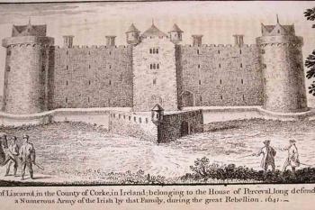 Kresba jižní strany hradu z 2. pol. 18. stol, dlouho po jeho zániku. (© CSG Annual Conference - Cork - April 2018 - Liscarroll Castle)