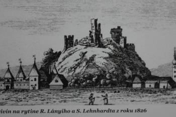 hrad, kostel a zámek v r. 1826 ještě s vodním příkopem (sken z :zdroj: M. Plaček, M. Bóna, Encyklopedie Slovenských Hradů, Libri, Praha, 2007)