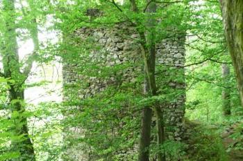 pohled ze středu jádra hradu na dochovaný vysoký střep obvodové hradby na jihovýchodě ( © Jan P. Štěpánek 06/2008)