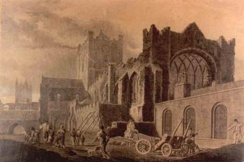Kresba od J. S. Templetona (1824) ukazuje zbořený dlouhý chór s plochým závěrem. (© https://beyond2022.ie/?tag=christchurch-dublin)