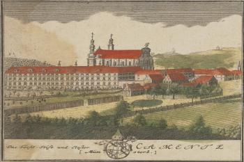 opatství v polovině 18. století (© zdroj: https://upload.wikimedia.org/wikipedia/commons/c/cd/Opactwo_cystersow_w_Kamiencu_Zabkowickim_miedzy_1737_i_1752_%2886760346%29_%28cropped%29.jpg)