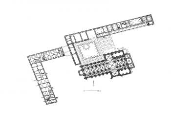 půdorys kláštera (© podle P. Skobla, s doplněním J. Romanowa i B. Uszalowicz-Piąty, 1998 (in Józef Pilch: Leksykon zabytków architektury Dolnego Śląska, Arkady, Warszawa, 2005))