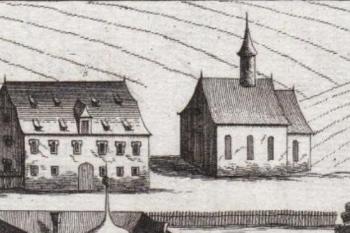 kostel kolem r. 1672 a panská sýpka (© Georg Matthäus Vischer (1672))