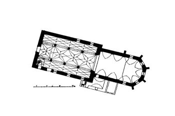 půdorys kostela (© Josef Novák: Soupis památek historických a uměleckých v Království Českém, sv. 14 Politický okres jindřicho-hradecký, Archaelogická komise při České akademii císaře Františka Josefa pro vědy, slovesnost a umění, Praha 1901)