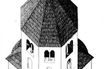 axonometrický pohled na románský kostel od severozápadu ( © L. Konečný, K. Kuča: Zjišťovací průzkum a rekonstrukce románského kostela sv. Petra a Pavla v Řeznovicích, Archaeologia historica 13, Musejní a vlastivědná společnost v Brně, Brno 1988)