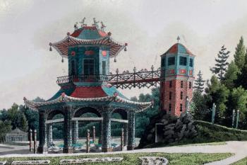 Původní podoba Čínského pavilonu kolem roku 1840 (© Jiří Čížek 12/2020 fotorepro cedule u místa)