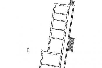 přízemí zámku  ( © Jiří Úlovec podle plánu Antonína Podlahy z roku 1911 (in J. Úlovec: Ohrožené hrady, zámky a tvrze Čech, 1. díl [A-M], Libri, Praha 2003))