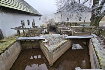 větvení dřevěných vantroků na mlýnská kola mandlu (vpravo) a mlýna (vlevo) (© Jan P. Štěpánek  01/2025)