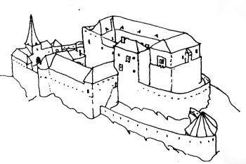 schématický pohled na vnitřní hrad a okolí kolem pol. 16. století ( © archiv J. Tichánka)