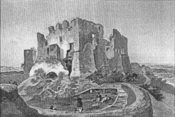 Jádro hradu od severovýchodu (kolorovaná kresba F. Richtera z roku 1833) ( © sbírky Moravské galerie)