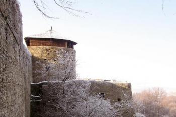 pohled z vně hradeb na barokní bastion v čele hradu a okrouhlou baštu při 2. bráně ( © Jan P. Štěpánek 01/2008)