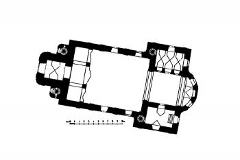 půdorys kostela (© Antonín Podlaha: Soupis památek historických a uměleckých v Království Českém, sv. 35 Politický okres benešovský, Archaelogická komise při České akademii císaře Františka Josefa pro vědy, slovesnost a umění, Praha 1911)