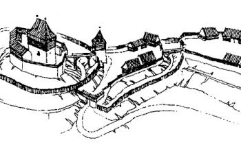 pokus o rekonstrukci tvrze v 15. století ( © Jiří Kohoutek: Hrady jihovýchodní Moravy, Archa, Zlín 1995)